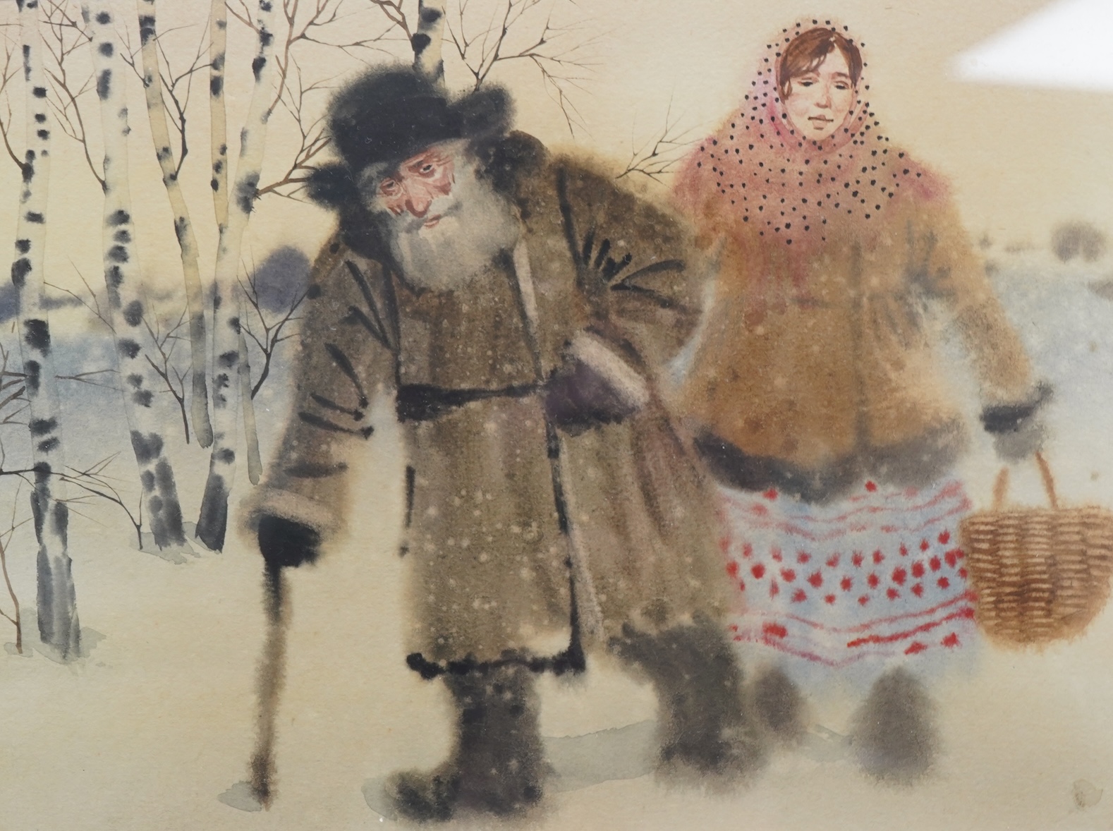A collection of small Russian watercolours to include: Figures in the snow and palaces, some signed with monogram 'AB', largest 17 x 22cm (8)